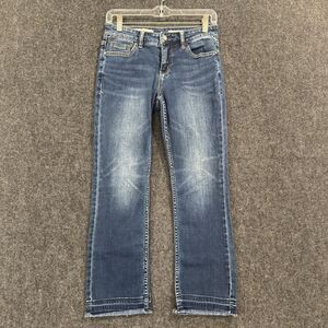 Pilcro Script Jeans Womens 26 Blue Raw Hem Straight Leg Stretch Anthropologie